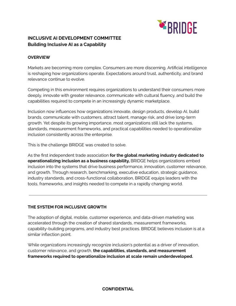 BRIDGE Inclusive AI Development Committee Overview (PDF cover)